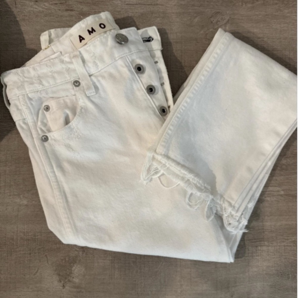 AMO Denim 2010s Sea Salt White Straight Crop Jeans Button Fly & Raw Hem Size 25 - Picture 14 of 15